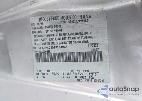 2001 Ford Mustang из США, поврежденный, VIN 1FAFP40401F144846